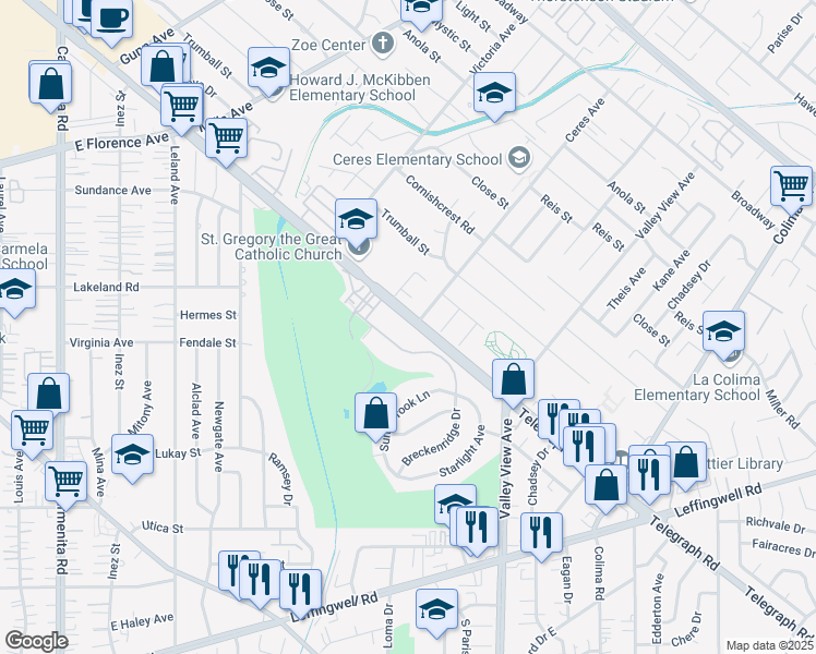 map of restaurants, bars, coffee shops, grocery stores, and more near Telegraph Road in Whittier