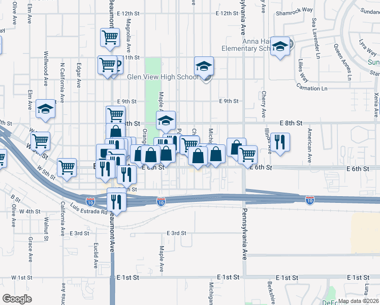 map of restaurants, bars, coffee shops, grocery stores, and more near 661 Chestnut Avenue in Beaumont