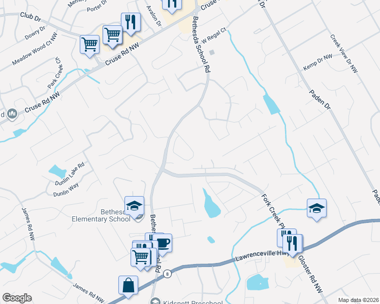 map of restaurants, bars, coffee shops, grocery stores, and more near 545 Highbranch Circle in Lawrenceville