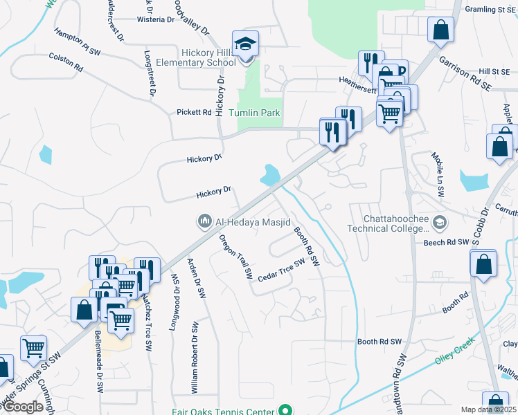 map of restaurants, bars, coffee shops, grocery stores, and more near 175 Booth Road Southwest in Marietta