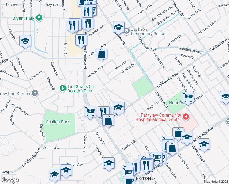 map of restaurants, bars, coffee shops, grocery stores, and more near 4334 Kingsbury Place in Riverside