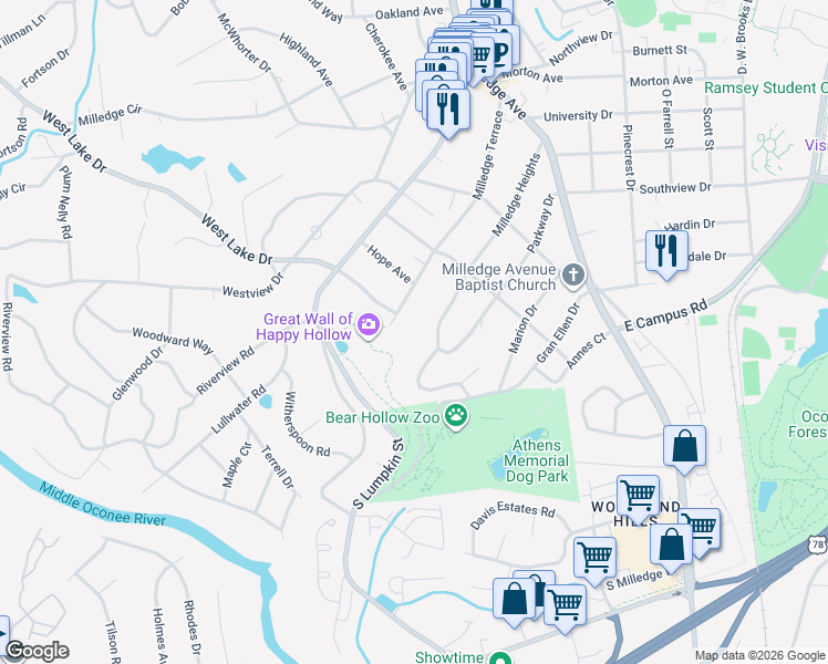 map of restaurants, bars, coffee shops, grocery stores, and more near 599 Milledge Terrace in Athens