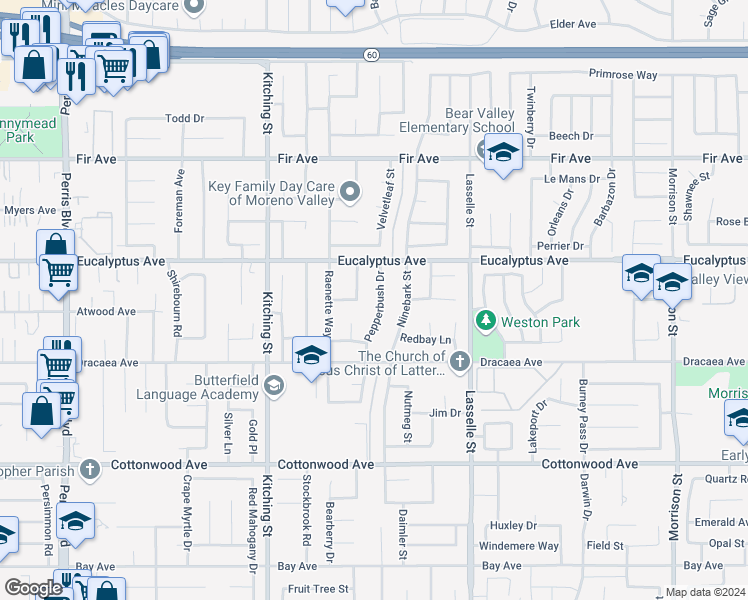 map of restaurants, bars, coffee shops, grocery stores, and more near 13083 Pepperbush Drive in Moreno Valley