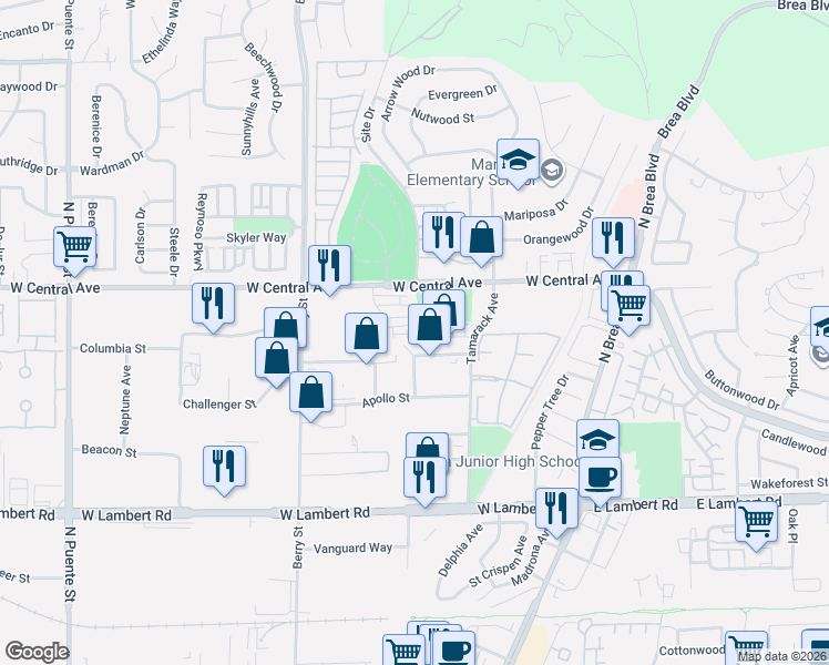 map of restaurants, bars, coffee shops, grocery stores, and more near 413 Broadway Drive in Brea