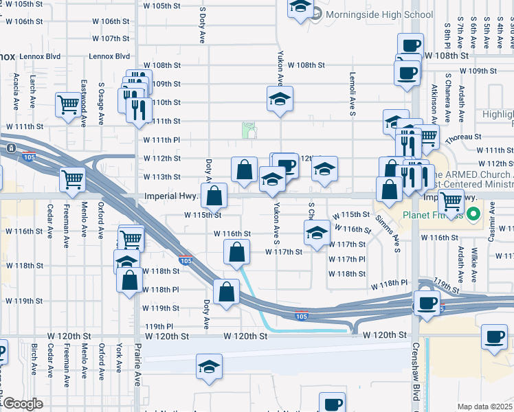 map of restaurants, bars, coffee shops, grocery stores, and more near 3636 West Imperial Highway in Inglewood