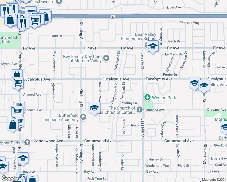 map of restaurants, bars, coffee shops, grocery stores, and more near 13083 Pepperbush Drive in Moreno Valley