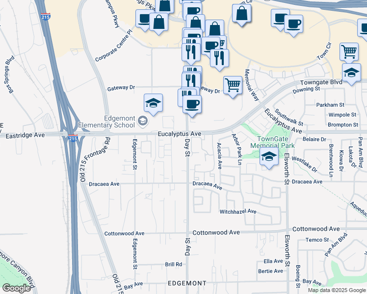 map of restaurants, bars, coffee shops, grocery stores, and more near 21981 Eucalyptus Avenue in Moreno Valley