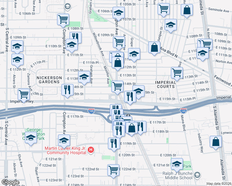 map of restaurants, bars, coffee shops, grocery stores, and more near S Wilmington Ave & E 114th St in Los Angeles