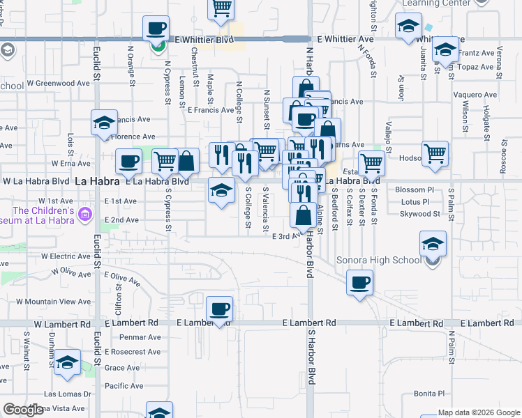 map of restaurants, bars, coffee shops, grocery stores, and more near 301 South Valencia Street in La Habra