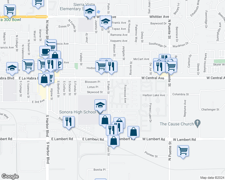 map of restaurants, bars, coffee shops, grocery stores, and more near 1790 Oldwood Court in Brea