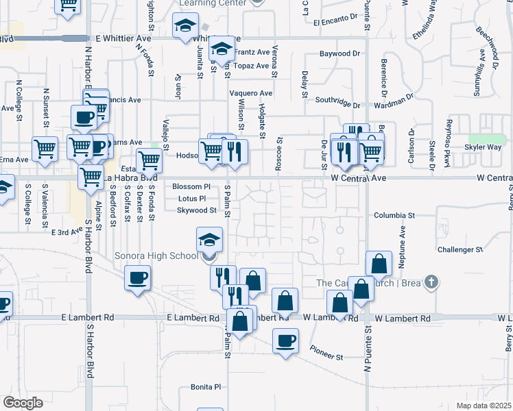 map of restaurants, bars, coffee shops, grocery stores, and more near 1682 Ironwood Court in Brea