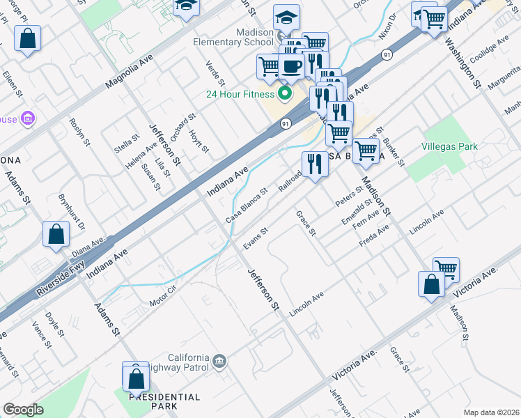map of restaurants, bars, coffee shops, grocery stores, and more near 7771 Evans Street in Riverside