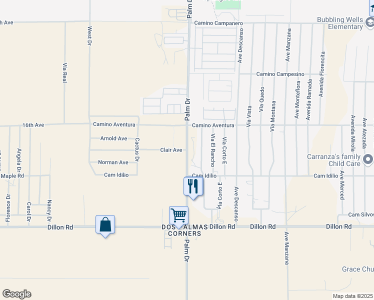 map of restaurants, bars, coffee shops, grocery stores, and more near Palm Drive in Desert Hot Springs