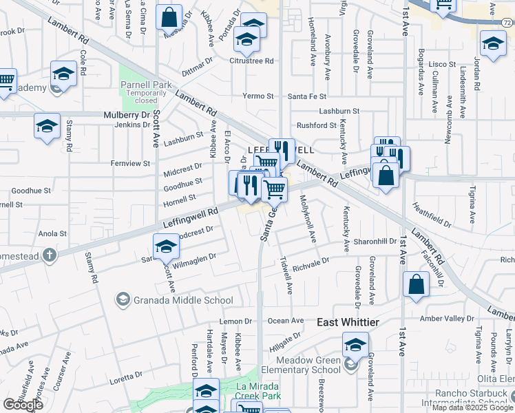 map of restaurants, bars, coffee shops, grocery stores, and more near 15662 Leffingwell Road in Whittier