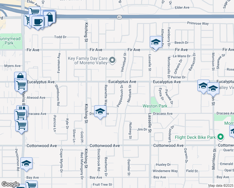 map of restaurants, bars, coffee shops, grocery stores, and more near 13064 Bender Drive in Moreno Valley