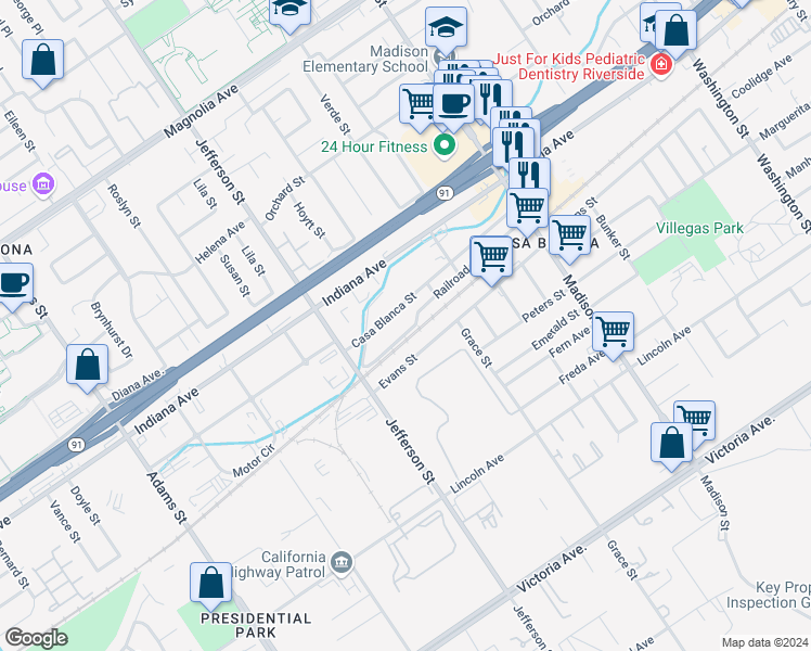 map of restaurants, bars, coffee shops, grocery stores, and more near 7811 Railroad Avenue in Riverside