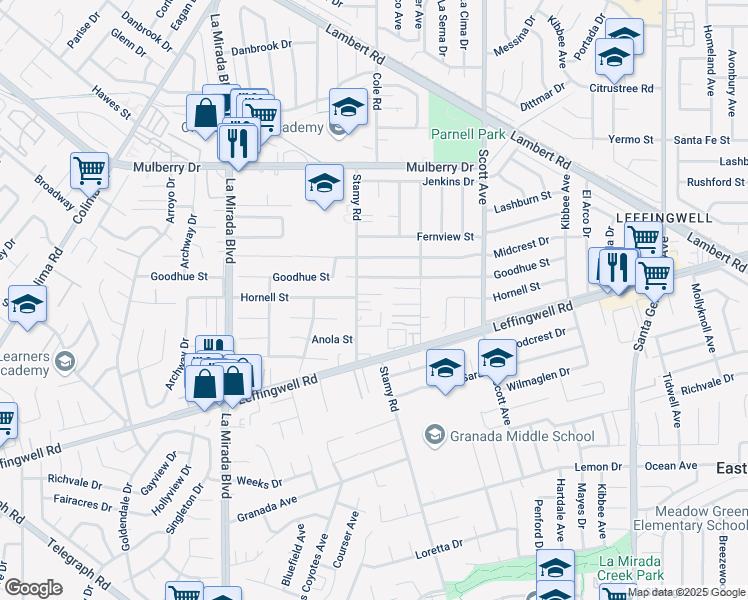 map of restaurants, bars, coffee shops, grocery stores, and more near 15246 Mystic Street in Whittier