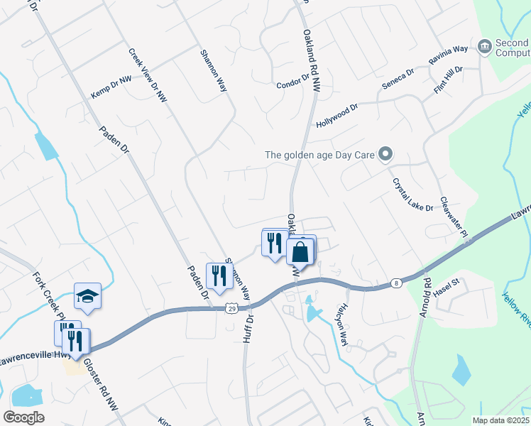 map of restaurants, bars, coffee shops, grocery stores, and more near 2324 Oakland Manor Northwest in Lawrenceville