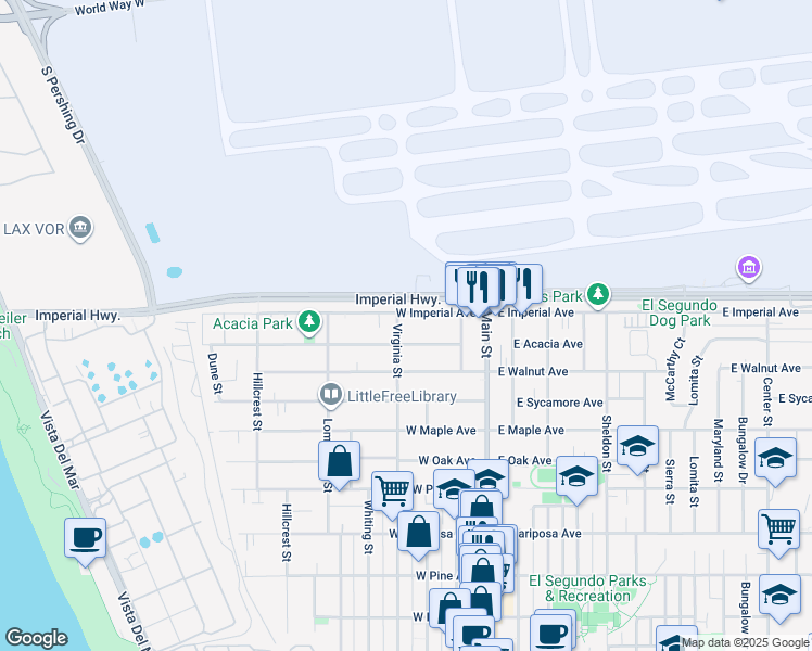 map of restaurants, bars, coffee shops, grocery stores, and more near 950 Virginia Street in El Segundo