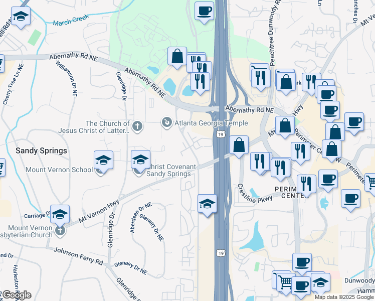 map of restaurants, bars, coffee shops, grocery stores, and more near Granville Court in Atlanta