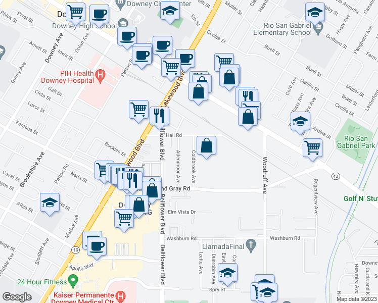 map of restaurants, bars, coffee shops, grocery stores, and more near 11645 Coldbrook Avenue in Downey