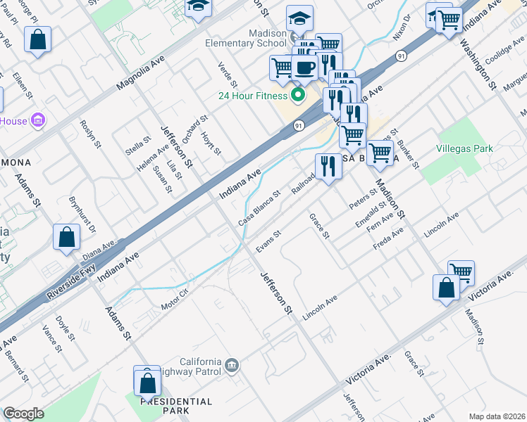 map of restaurants, bars, coffee shops, grocery stores, and more near 7862 Ricca Street in Riverside
