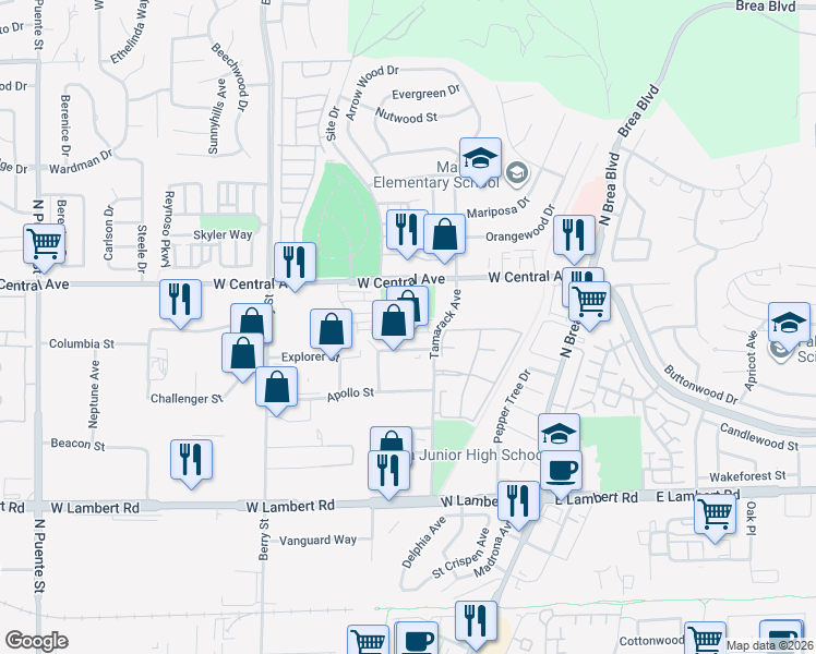 map of restaurants, bars, coffee shops, grocery stores, and more near 451 Atlas Street in Brea