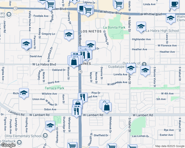map of restaurants, bars, coffee shops, grocery stores, and more near 1820 San Jose Avenue in La Habra