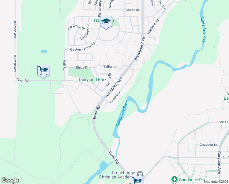 map of restaurants, bars, coffee shops, grocery stores, and more near 8675 Kendra Lane in Corona