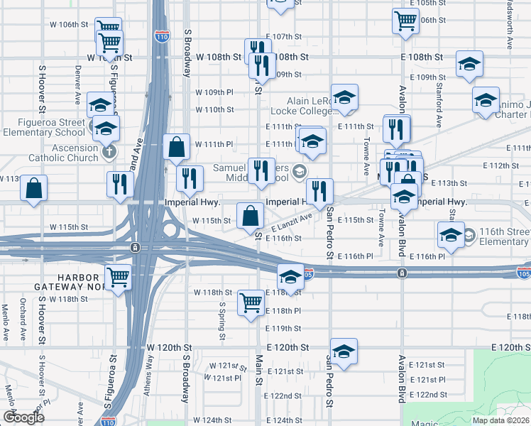 map of restaurants, bars, coffee shops, grocery stores, and more near 11428 South Main Street in Los Angeles