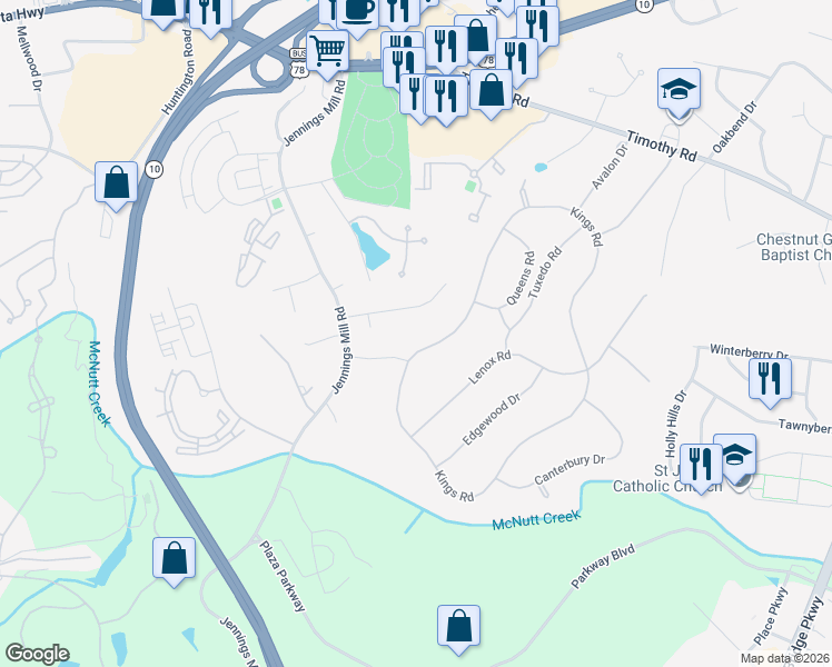 map of restaurants, bars, coffee shops, grocery stores, and more near 385 Kings Road in Athens