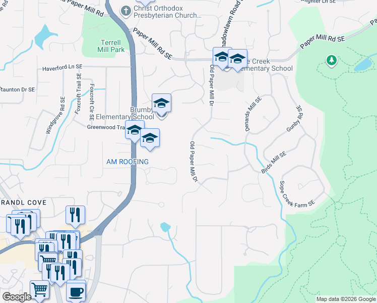 map of restaurants, bars, coffee shops, grocery stores, and more near 782 Old Paper Mill Drive in Marietta