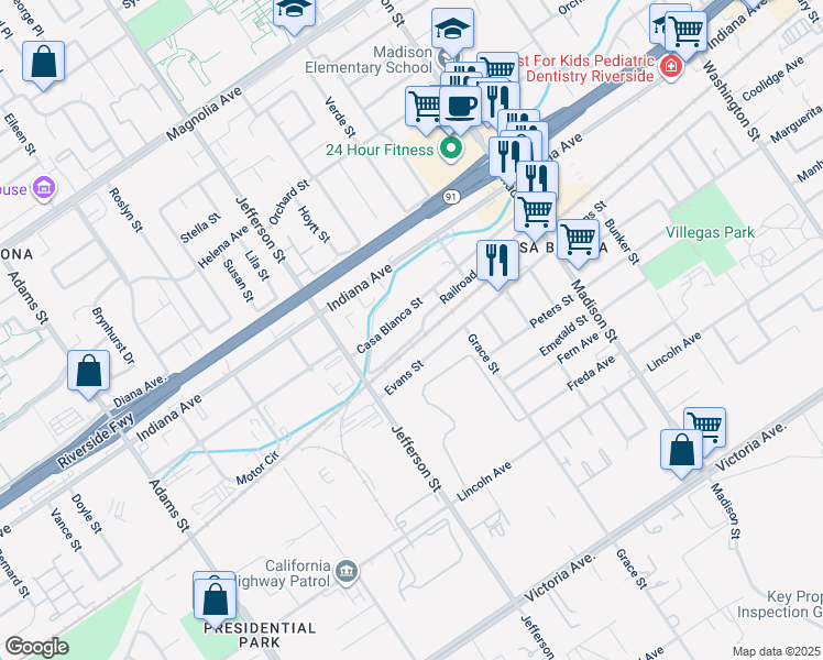 map of restaurants, bars, coffee shops, grocery stores, and more near 7811 Railroad Avenue in Riverside