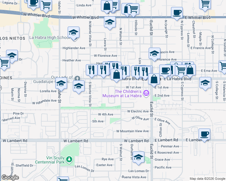 map of restaurants, bars, coffee shops, grocery stores, and more near 221 Chinchilla Street in La Habra