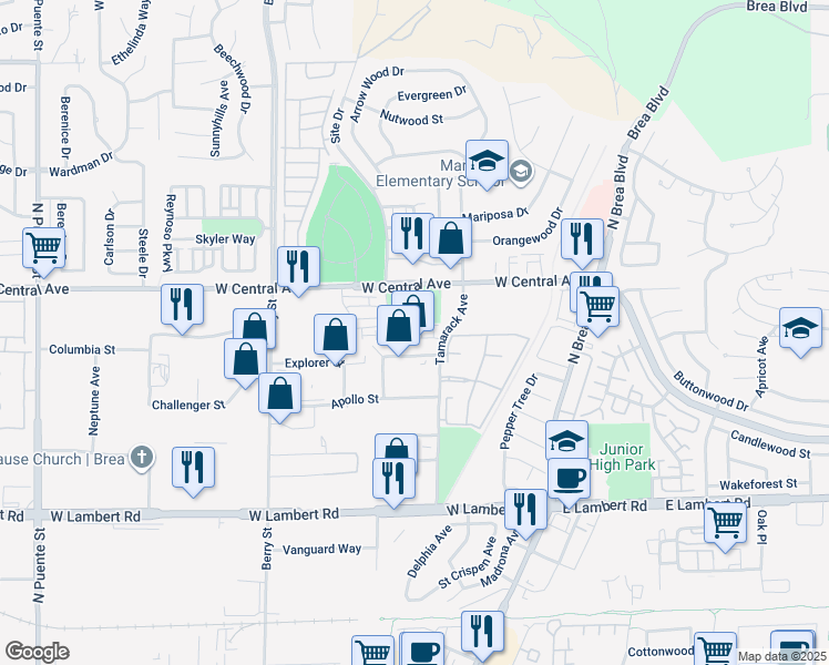 map of restaurants, bars, coffee shops, grocery stores, and more near 714 Brooklyn Drive in Brea