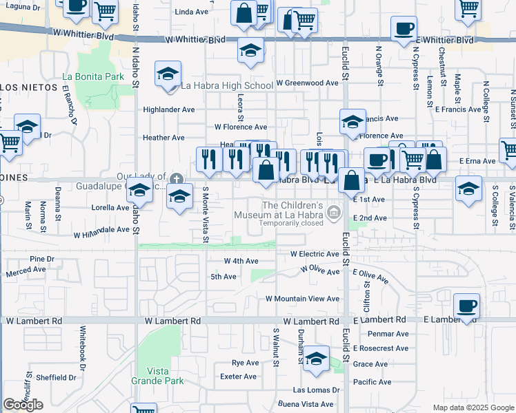 map of restaurants, bars, coffee shops, grocery stores, and more near 221 Chinchilla Street in La Habra