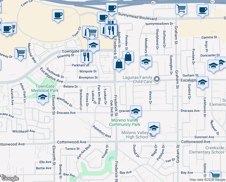 map of restaurants, bars, coffee shops, grocery stores, and more near 13056 Oak Dell Street in Moreno Valley