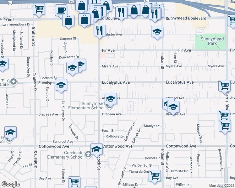 map of restaurants, bars, coffee shops, grocery stores, and more near 24140 Atwood Avenue in Moreno Valley