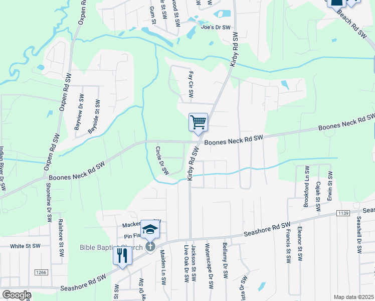 map of restaurants, bars, coffee shops, grocery stores, and more near 2312 Circle Drive Southwest in Brunswick County
