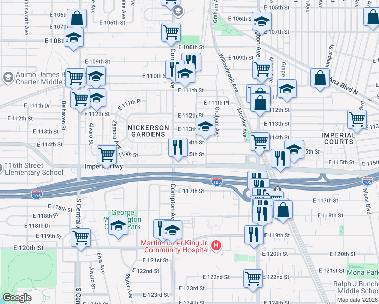 map of restaurants, bars, coffee shops, grocery stores, and more near 1637 East 115th Street in Los Angeles
