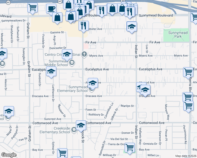 map of restaurants, bars, coffee shops, grocery stores, and more near 24136 Atwood Avenue in Moreno Valley