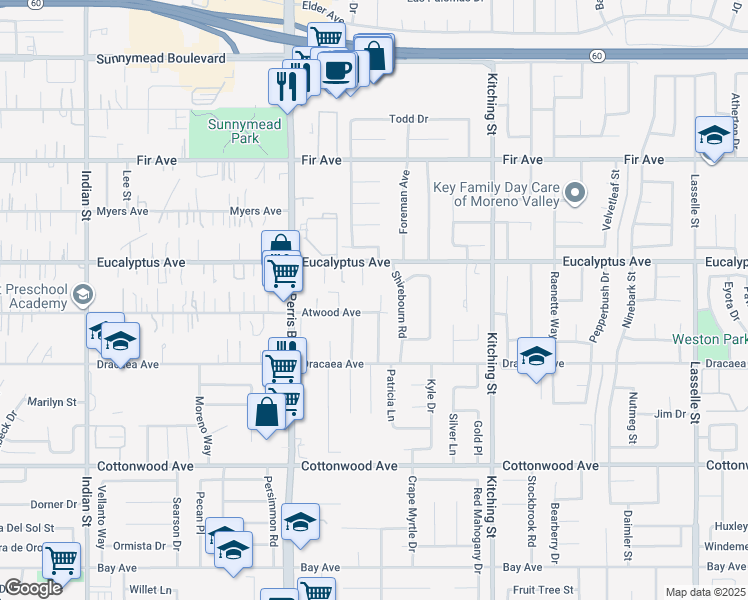 map of restaurants, bars, coffee shops, grocery stores, and more near 13093 Princess Lane in Moreno Valley
