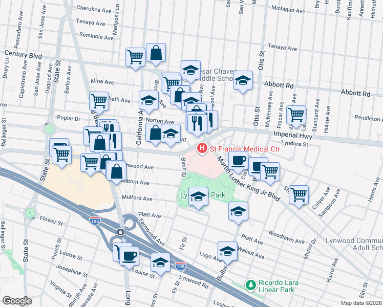 map of restaurants, bars, coffee shops, grocery stores, and more near 3628 East Imperial Highway in Lynwood