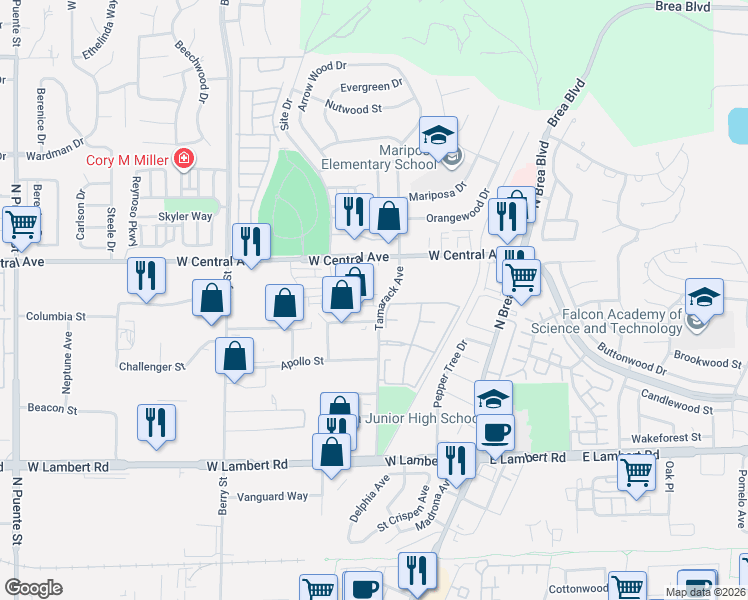 map of restaurants, bars, coffee shops, grocery stores, and more near 411 Atlas Street in Brea