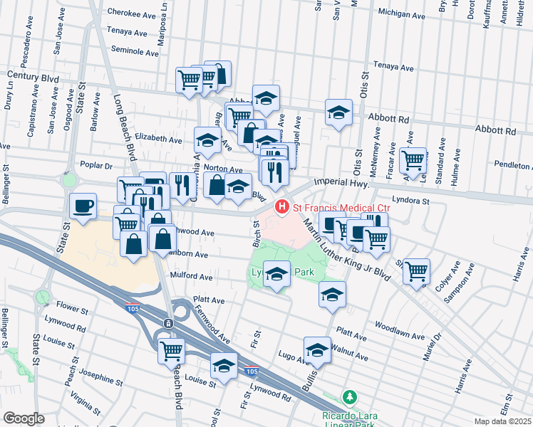 map of restaurants, bars, coffee shops, grocery stores, and more near 3626 East Imperial Highway in Lynwood