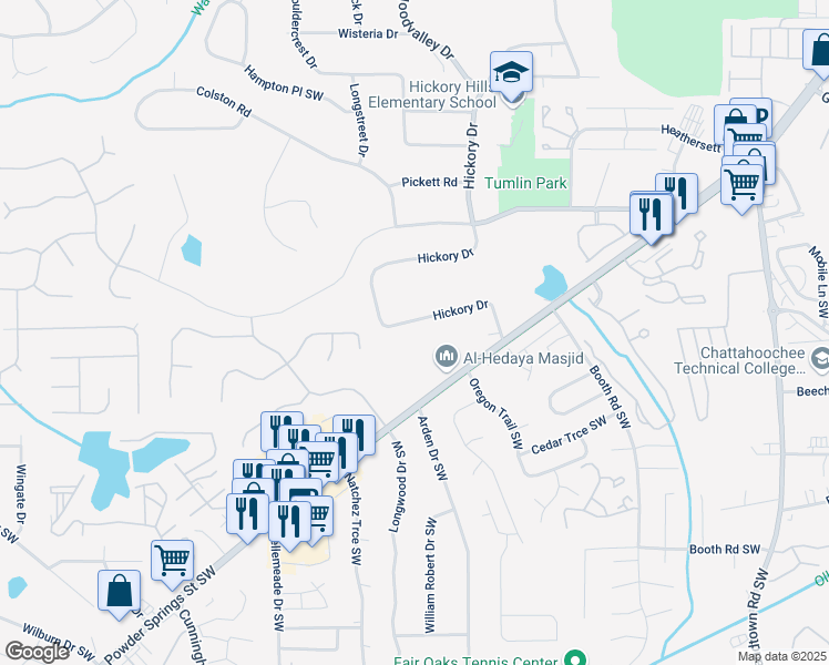 map of restaurants, bars, coffee shops, grocery stores, and more near 968 Georgia 360 in Marietta