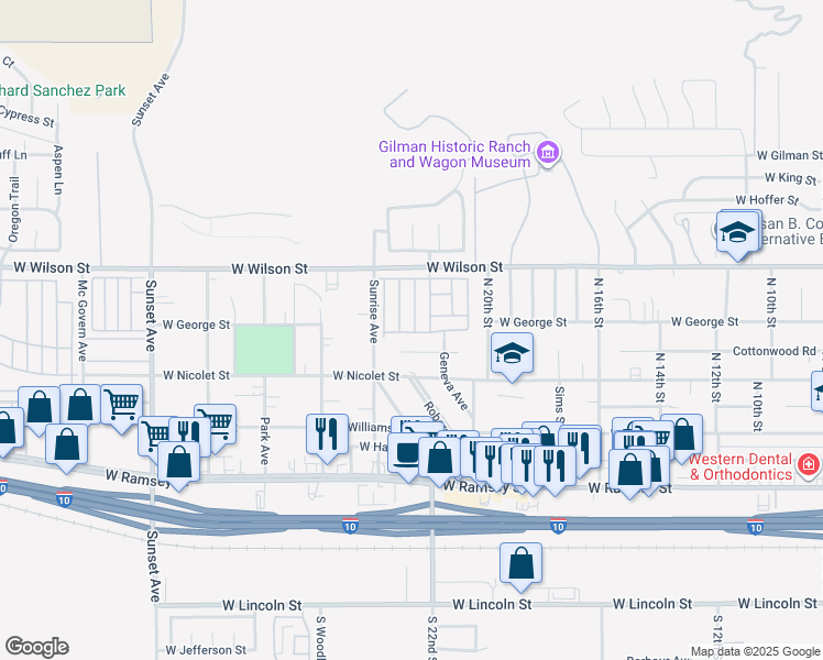 map of restaurants, bars, coffee shops, grocery stores, and more near 2207 Cottonwood Road in Banning