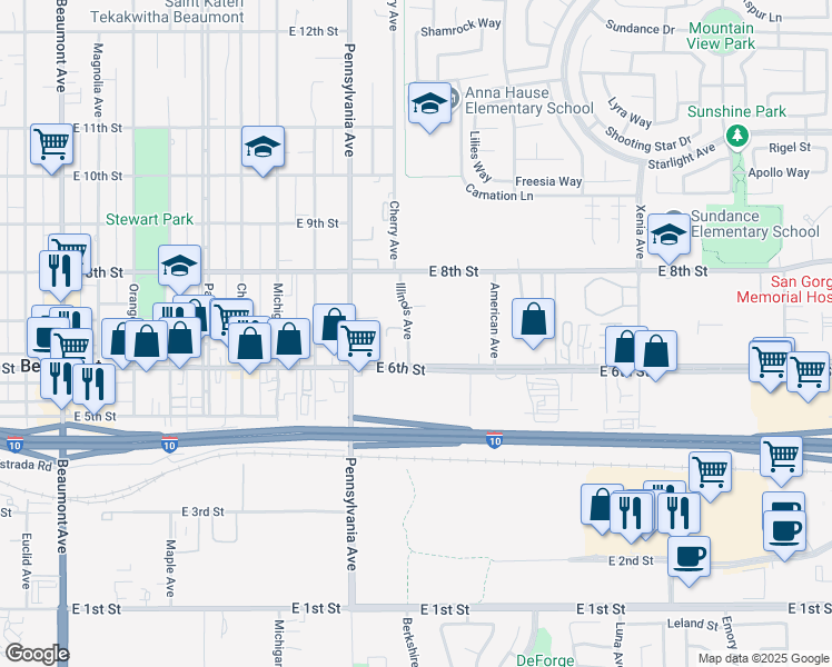 map of restaurants, bars, coffee shops, grocery stores, and more near 670 Illinois Avenue in Beaumont