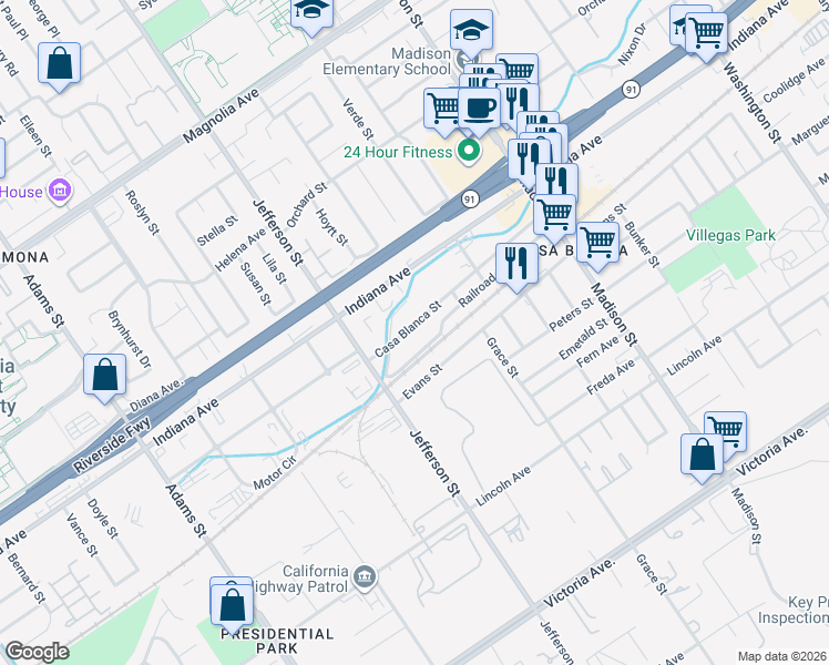 map of restaurants, bars, coffee shops, grocery stores, and more near 7862 Ricca Street in Riverside