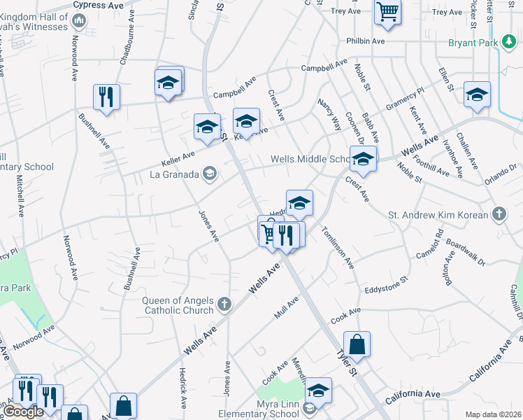 map of restaurants, bars, coffee shops, grocery stores, and more near 5080 Tyler Street in Riverside
